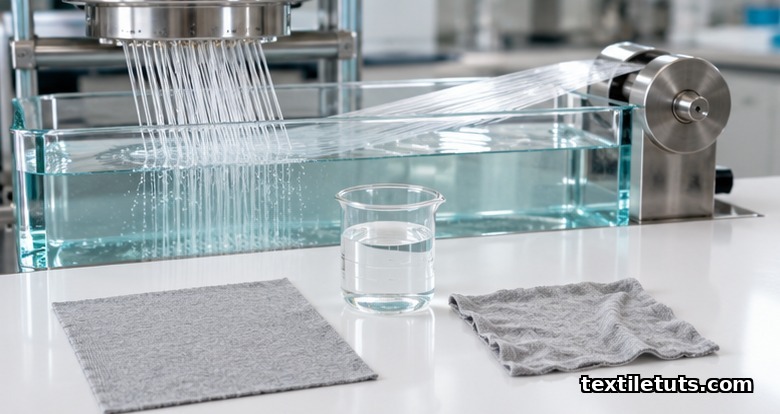 Spinneret extruding viscose filaments into a bath, with an original and a shrunken bamboo viscose swatch