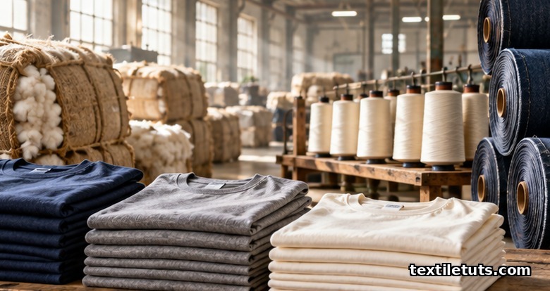Factory-floor scene of folded jersey t-shirts, raw cotton bales, yarn spools, and denim rolls representing Bangladesh knit production.