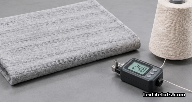 Single-jersey fabric showing horizontal barre streaks beside a digital yarn tension meter on an inspection table.