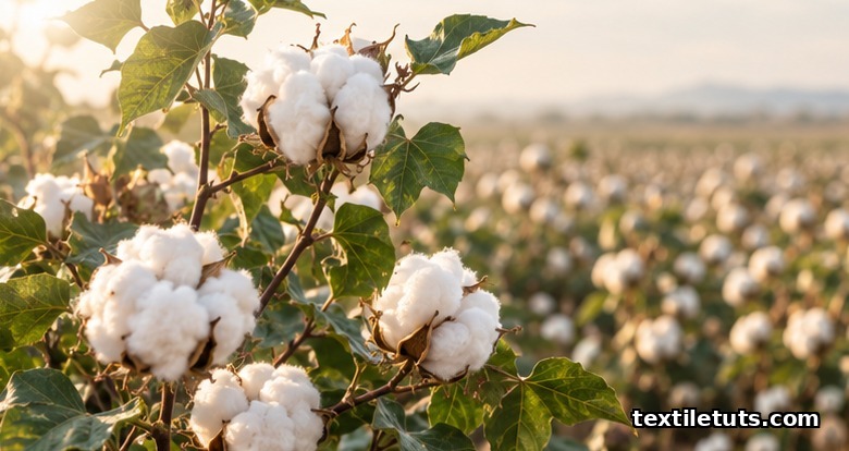 Mature cotton plant with several open white bolls on green branches, soft daylight editorial photography.