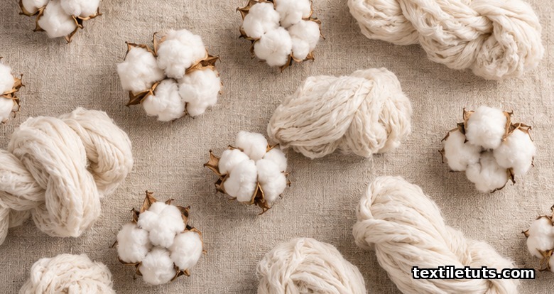 Overhead flat-lay of raw cotton bolls and fibre skeins on natural linen, studio still-life.