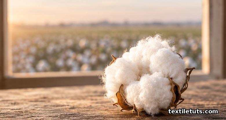 Freshly opened cotton boll on weathered wood with blurred cotton field behind, golden hour light.