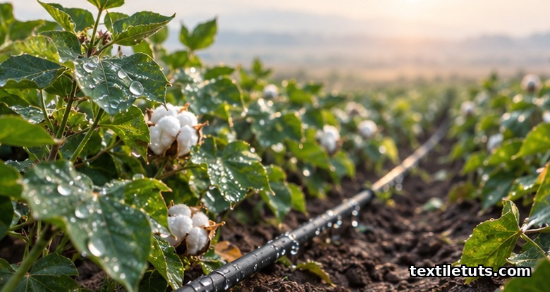 Cotton field at sunrise with drip irrigation tubing between rows, water droplets on leaves and bolls.