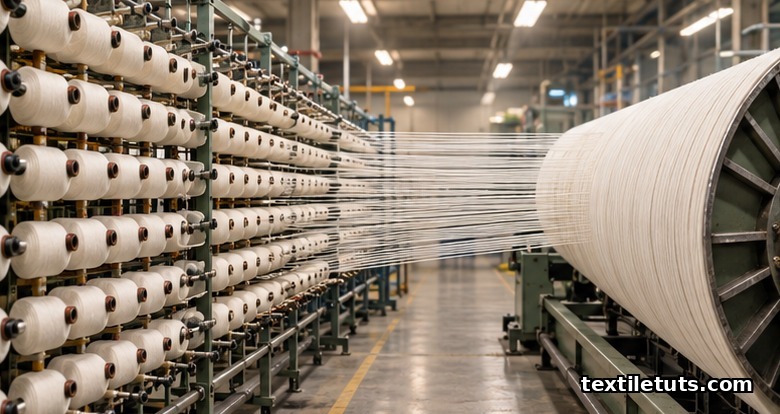 Industrial beam warping machine winding parallel cotton warp ends from a creel onto a conical warper's beam in a textile mill.