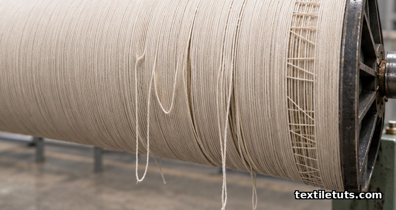 Partially wound warper's beam showing slack and tight warp ends and an irregular lease pattern as visible warping defects.