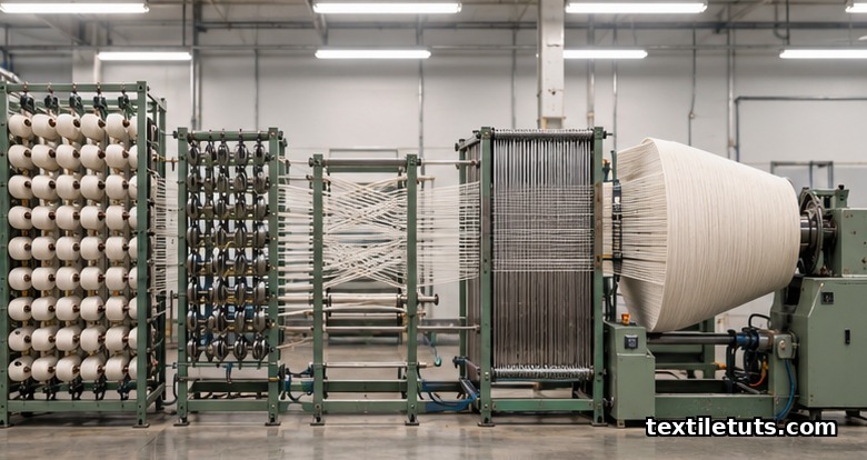 Wide view of a beam warping line showing the creel, tension zone, leasing zone, warper's comb, and warper's beam in sequence.