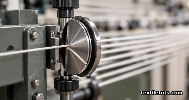 Close-up of a fine cotton warp yarn passing through a chrome disc tensioner on a modern beam warping tension gate.
