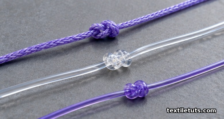 Close-up of braided polyglactin 910, monofilament poliglecaprone 25, and polydioxanone sutures tied into surgeon’s knots.