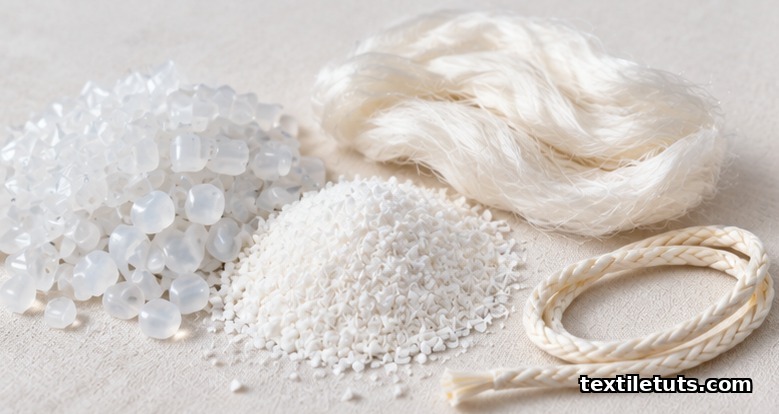PLA and PGA polymer pellets alongside a braided suture strand on a neutral backdrop, illustrating raw materials for biodegradable medical textiles.