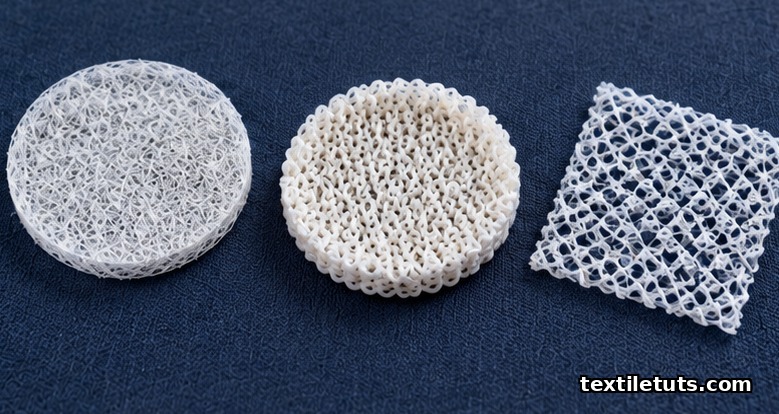 Electrospun PCL nanofiber scaffold, knitted PLA vascular graft scaffold, and composite hernia mesh arranged for comparison.