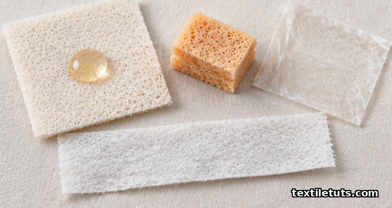 Alginate nonwoven dressing, chitosan sponge, collagen film, and PLA nonwoven gauze arranged as advanced wound care textiles.