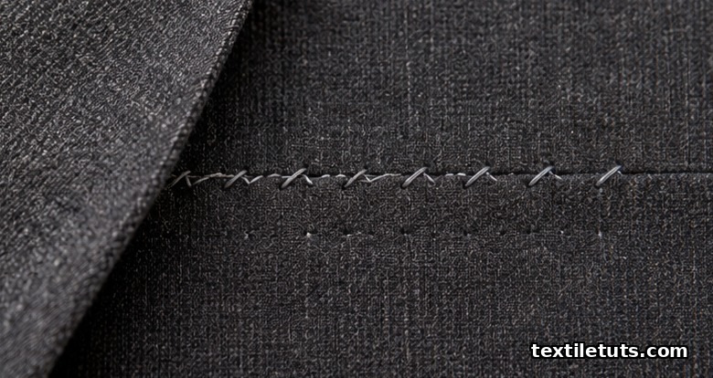 Macro view of a blind hem on charcoal worsted wool fabric showing the zigzag catch stitch that hides inside the fold.