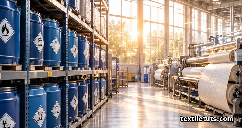 Modern textile dyehouse with sealed chemical drums beside rows of undyed fabric rolls in soft daylight, illustrating bluesign chemical management.