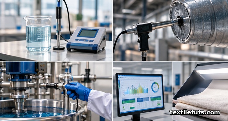 Five verification vignettes including a beaker of treated water, air-quality probe, protective worker gear, energy meter, and fabric swatch.