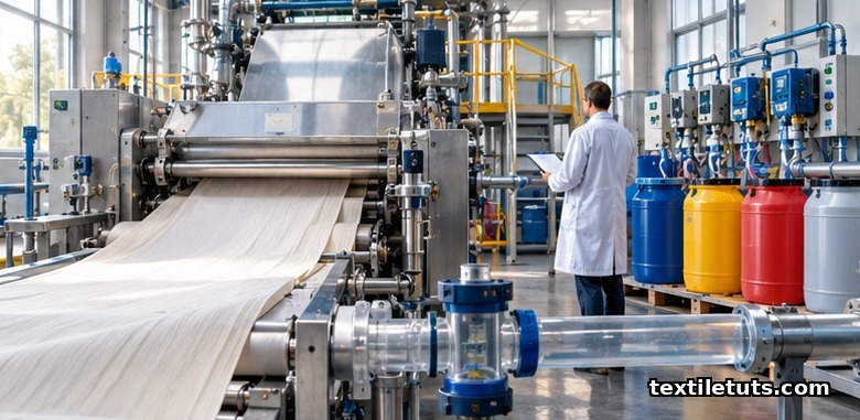 Textile finishing line with fabric passing through a stainless-steel dyeing jet, chemical dosing station, and wastewater flow meter.