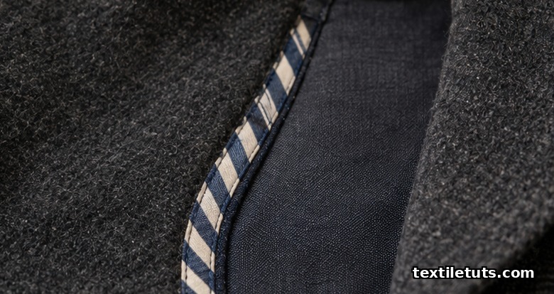 Interior blazer view of a bound seam with navy-and-cream striped bias binding along a princess panel.