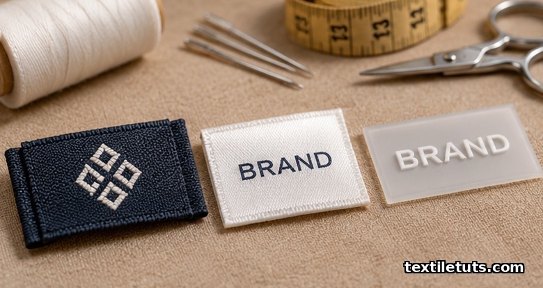 Side-by-side close-up of woven damask, printed satin, and heat-transfer brand labels with tailoring thread, needles, and scissors.