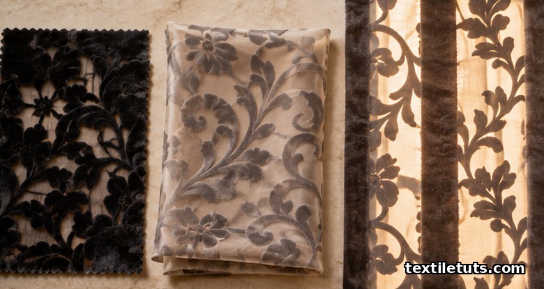 Three burnout fabric samples — burnout velvet, sheer blouse fabric, and a backlit burnout curtain — laid on a pale slab.