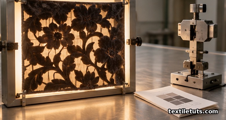 Burnout velvet pinned in an inspection frame over a backlit light table to check even transparency of the sheer areas.