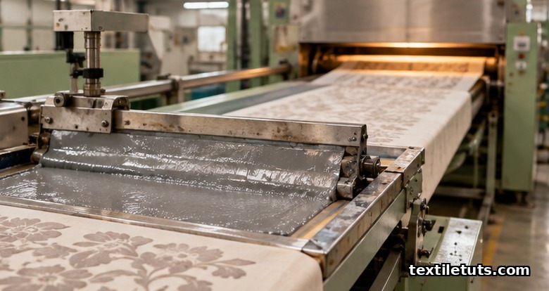 Flat-screen printing station applying alkaline burnout paste onto polyester cotton blend fabric in a textile mill.