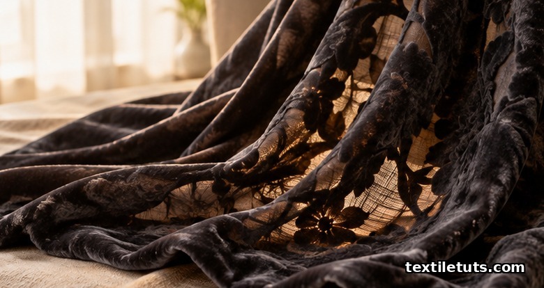 Drape of charcoal burnout velvet fabric showing sheer translucent burnout motifs over the opaque polyester ground.