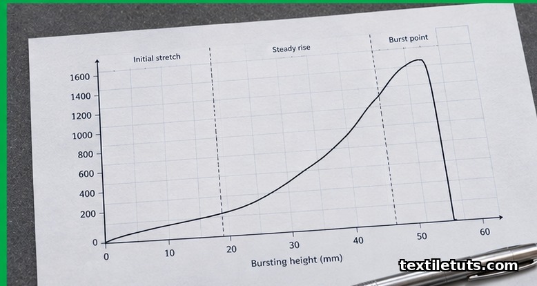 Bursting pressure curve plotted in kPa against height in mm, showing initial stretch, middle slippage, and rupture.