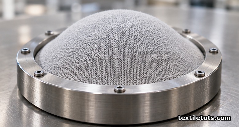 Circular knit fabric specimen clamped in test rig, bulging upward into a dome as multi-axial pressure is applied from below.