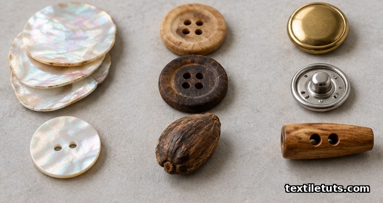 Mother-of-pearl slices, corozo buttons, tagua nut, brass button, steel snap, and wood toggle arranged on pale grey surface.
