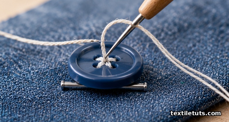 Close-up of a needle and waxed thread sewing a four-hole button on denim fabric with a thread shank spacer pin.