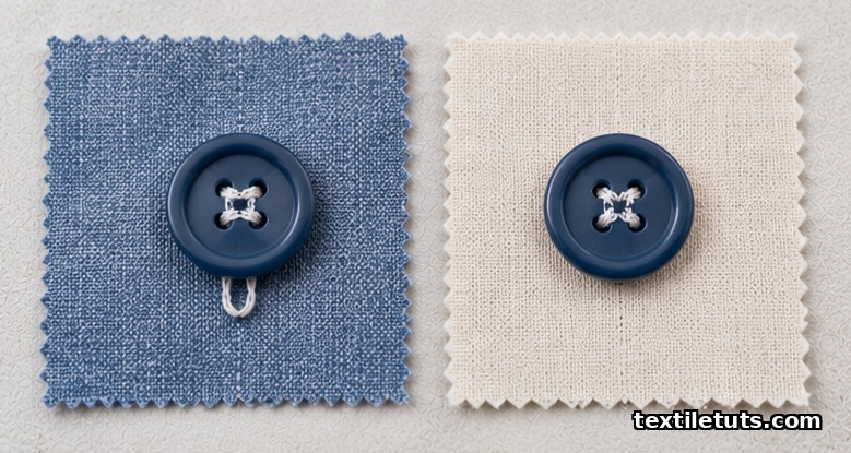 Two sewing buttons pinned on cotton shirting fabric — one hand-sewn with thread shank, one machine-sewn with zig-zag stitches.