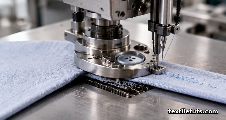 Industrial zig-zag button sewing machine stitching a flat button onto fabric with a metal button foot and dropped feed dogs.