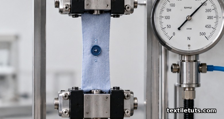 Tensile testing apparatus pulling a button sewn onto cotton shirting fabric to measure pull-off strength in newtons.
