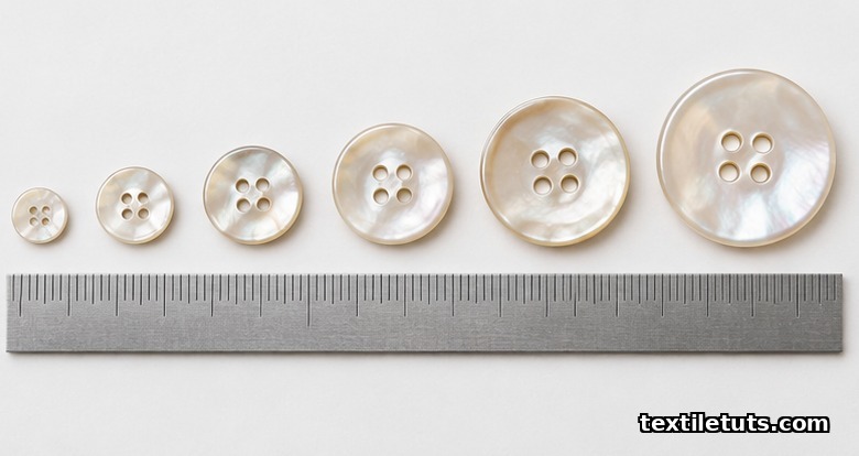 Six buttons arranged smallest to largest from 6L to 24L on a white surface with a steel ruler showing tick marks.