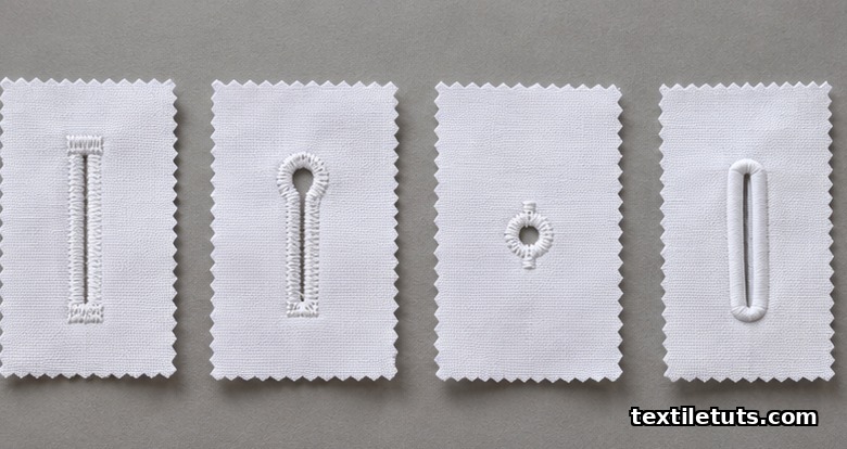 Four buttonhole types on white cotton swatches: straight, keyhole, round, and bound, stitched in white thread.