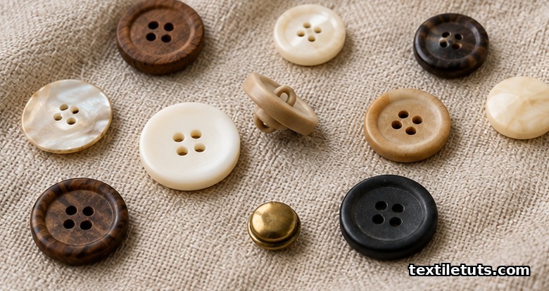Assorted sewing buttons in cream, tan, brown, and black scattered on natural linen fabric, soft window light from upper left.