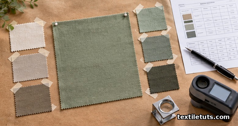 Master fabric swatch with lab dip submissions, spec sheet, and spectrophotometer on a kraft paper workspace.