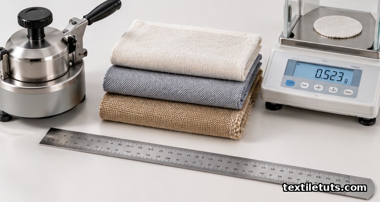 Circular GSM cutter, stacked fabric samples of varying weights, and a digital scale on a clean lab surface.