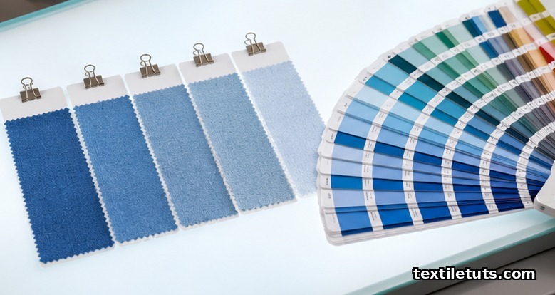 Graduated fabric dye swatches fanned beside a Pantone chip fan under cool D65 light-table illumination.