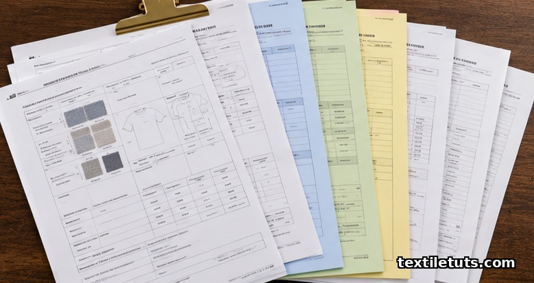 Flat-lay of textile trade documents including purchase order, lab dip approval, and inspection report on walnut desk.