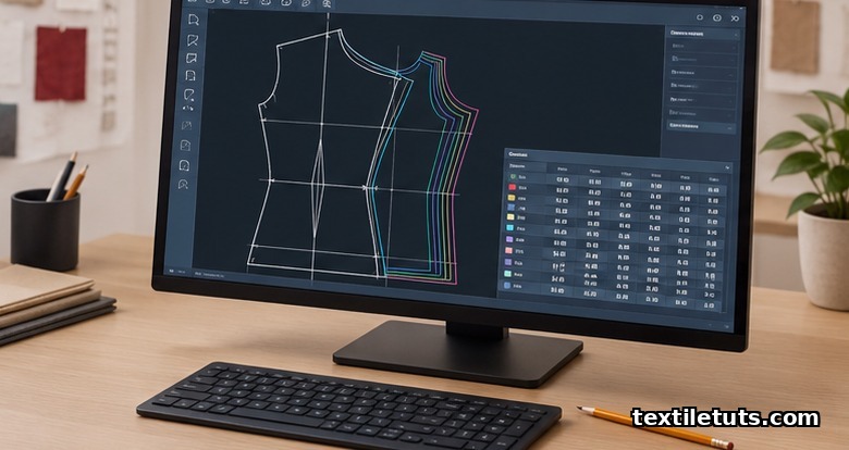 Computer monitor displaying CAD grading software with a vectorized bodice block on a dark interface