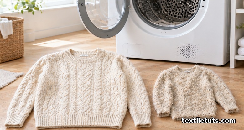 Normal wool sweater beside a shrunken felted copy in front of an open tumble dryer, showing dryer damage