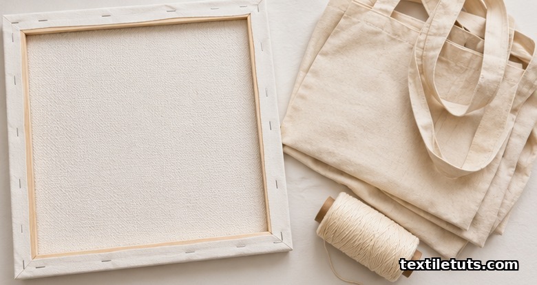 Flat-lay of a stretched painting canvas with tote bags and cotton thread, illustrating plain-weave canvas fabric.