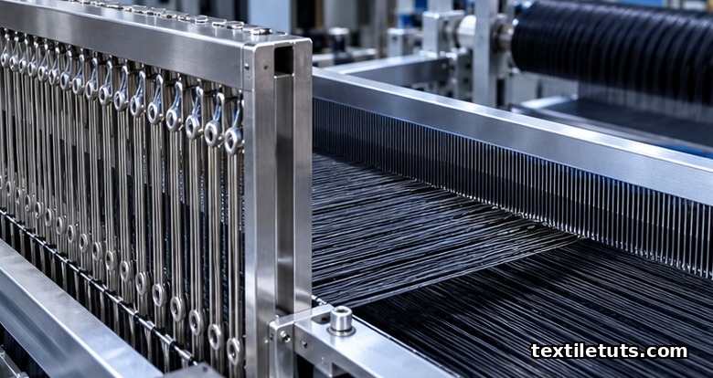 Close-up of stainless steel heddles, ceramic-coated reed, and carbon tow warp on a rapier loom ready for weft insertion.