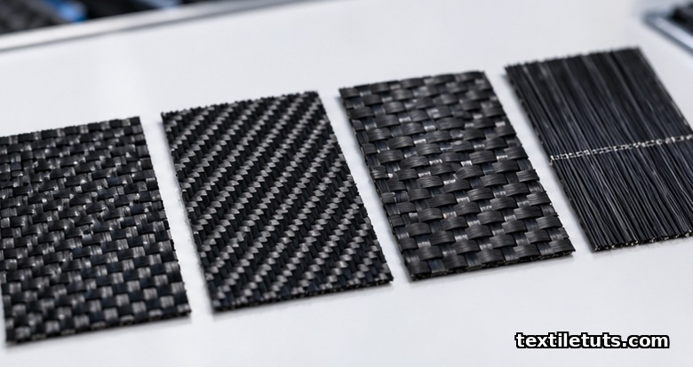 Macro view of plain weave, twill, satin, and unidirectional carbon fiber fabric patterns side by side under polarized light.