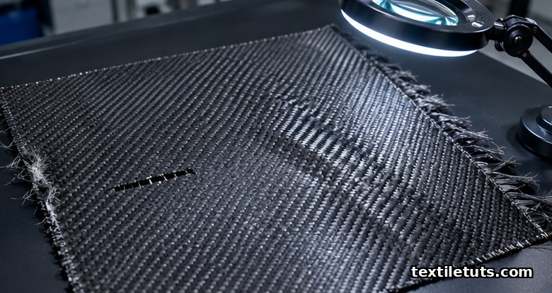 Macro inspection of as-woven carbon fabric showing broken filament fuzz, missing picks, crimp imbalance, and selvage fraying under polarized light.