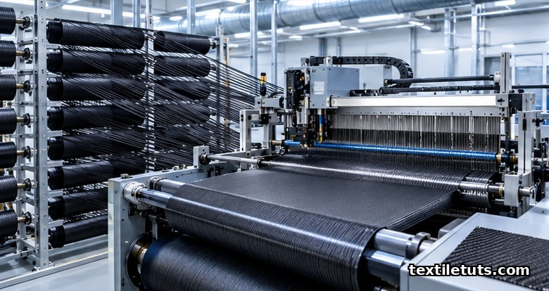 Carbon fiber tows being woven on a rapier loom into black structural fabric in an industrial weave room.