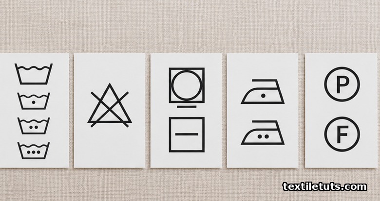 Flat-lay of the five ISO 3758 care pictograms — wash tub, triangle, square, iron, and dry-clean circle — with dot and bar modifiers.