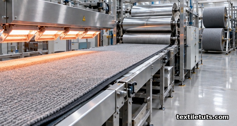 Needle-punch carpet finishing line showing latex coating, heated calendar nip, and wound master rolls of finished carpet.