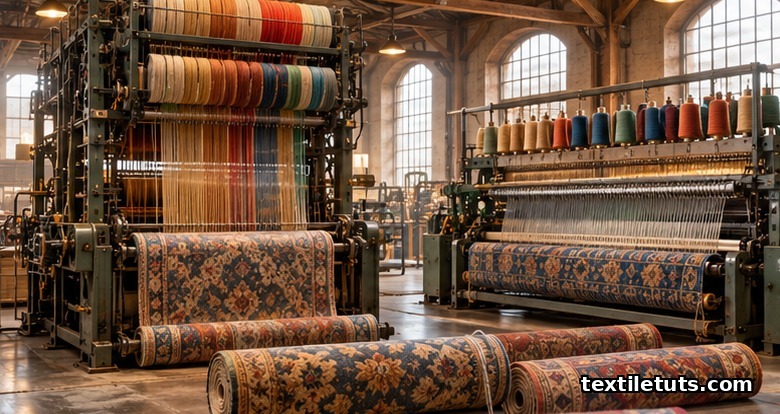 Wide view inside a textile mill showing a Jacquard Wilton loom and an Axminster spool loom producing patterned woven carpets side by side.