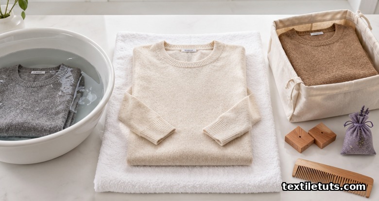Cashmere sweater soaking in cold water, drying flat on a towel, and stored in a cotton bag with cedar blocks